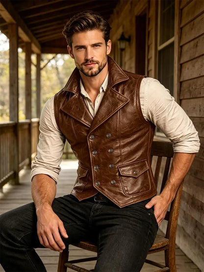 Men's Faux Leather Waistcoat Vintage Double Breasted Slim Fit Vest for Casual & Streetwear