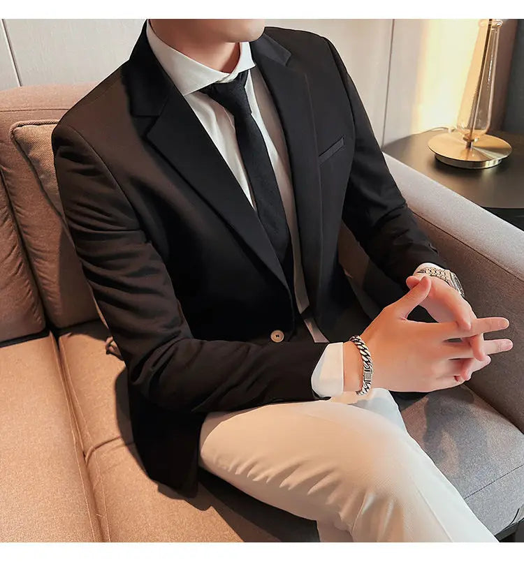 High-Quality Fashionable Men's Slim Fit Business Suit Jacket Autumn Wear Korean Style Pure Color Tweed High-End Feel