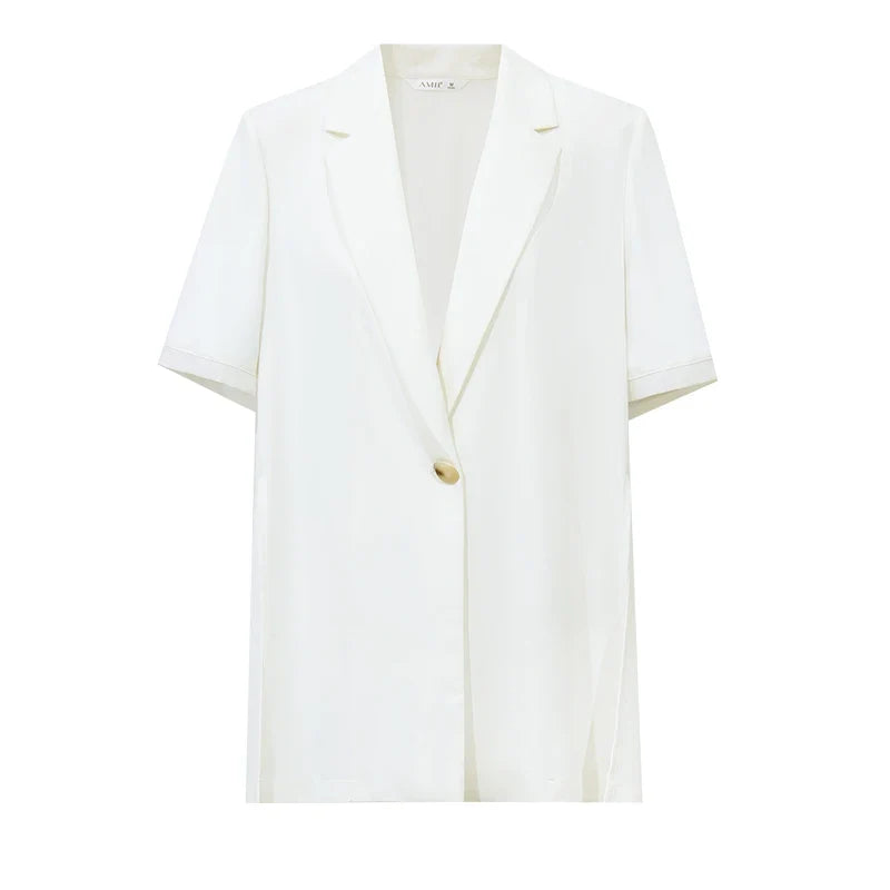 Women's Blazer 2026 Summer New Notched Lapel Chiffon Splicing Short Sleeve Jacket Women's Single Button Casual Top 12622126