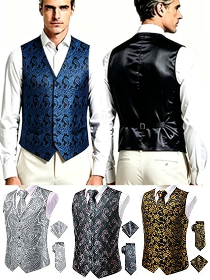 Men's Jacquard Vest 3-Piece Set – Satin Formal Waistcoat with Tie & Pocket Square for Weddings
