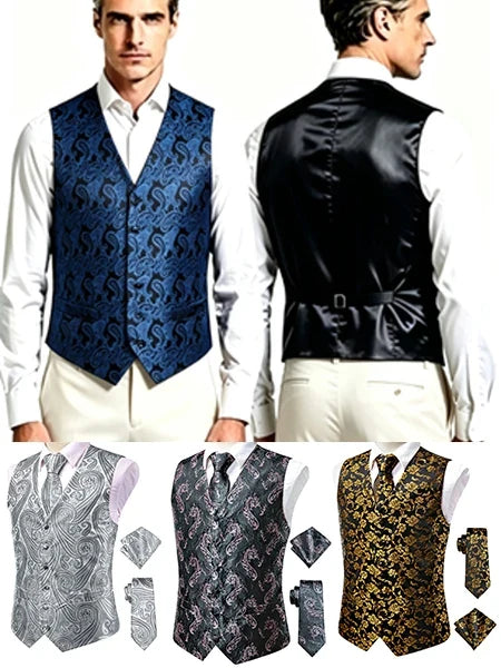 Men's Jacquard Vest 3-Piece Set – Satin Formal Waistcoat with Tie & Pocket Square for Weddings
