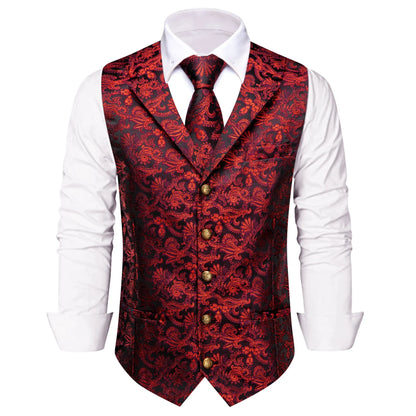 Men's Suit Vest Set with Tie Hanky and Cufflinks – Royal Red Paisley Waistcoat for Wedding and Business