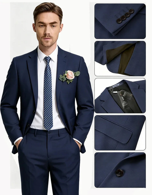 Mens Pant Suit Slim Fit 2 Piece Set Men's Flat Collar Double-breasted Blazer Jacket Straight Trouser Wedding Groomsmen Workwear