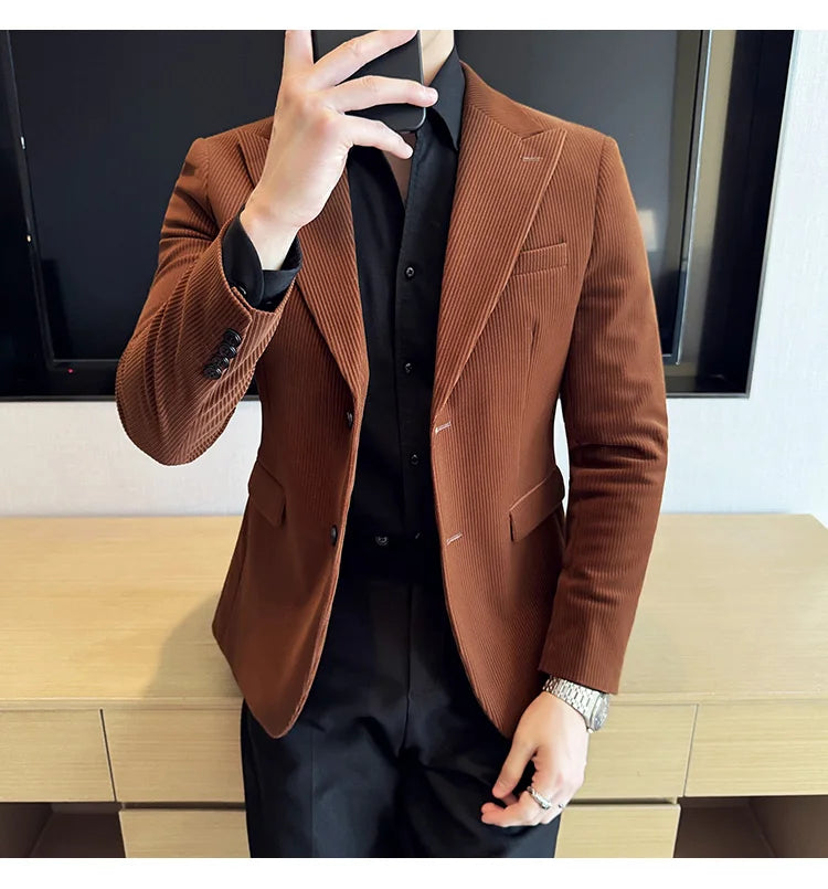 Autumn Winter New Corduroy Striped Suit Jacket Men High Quality Slim Fit Business Social Formal Suit Coats Tailcoat Men Clothing