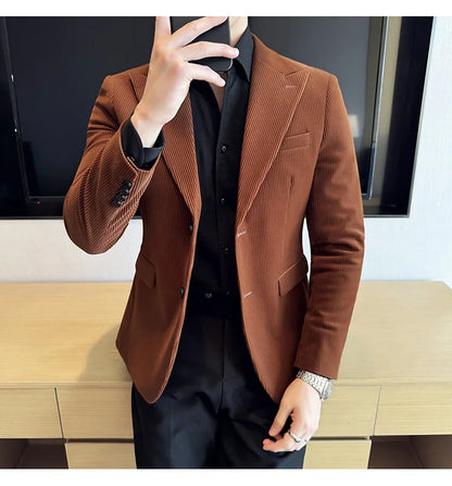 Corduroy Stripe Suit Jacket For Men Autumn Winter Business Slim Fit Tailcoat Formal Wedding Party Fashion Casual Suit Coat 4XL-M
