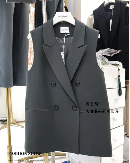 New Korean Women Loose Black Vest Suit Jacket Female Spring Autumn Leisure Solid Color Sleeveless Waistcoat Cardigan Vest Coat