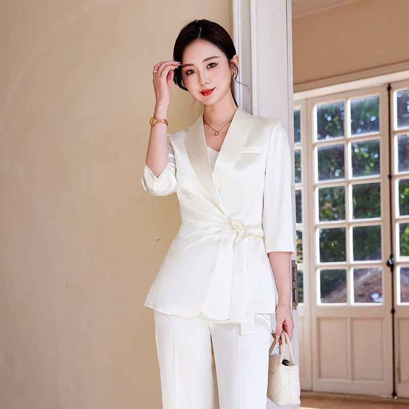 Designer Splicing Women Senior Luxurious Blazer Suit Pants Set Soft Satin Silk Office Lady Solid Coat Big Size Elegant Jacket