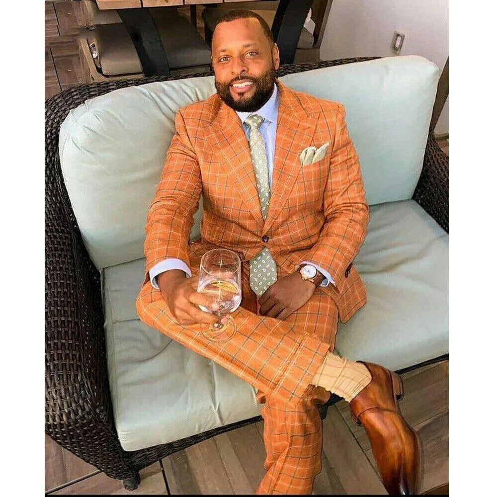 Gentle Orange Plaid Men Suit 2 Pieces Slim Fit Tailor-Made Blazer Pants Single Breasted Wedding Groom Work Wear Causal Tailored