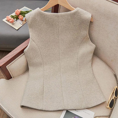 Vintage Brushed Shoulder Jacket Gray Suit Sleeveless Vest Fashionable Lady Coat Autumn/Winter Commuting Elegant Women's Clothing