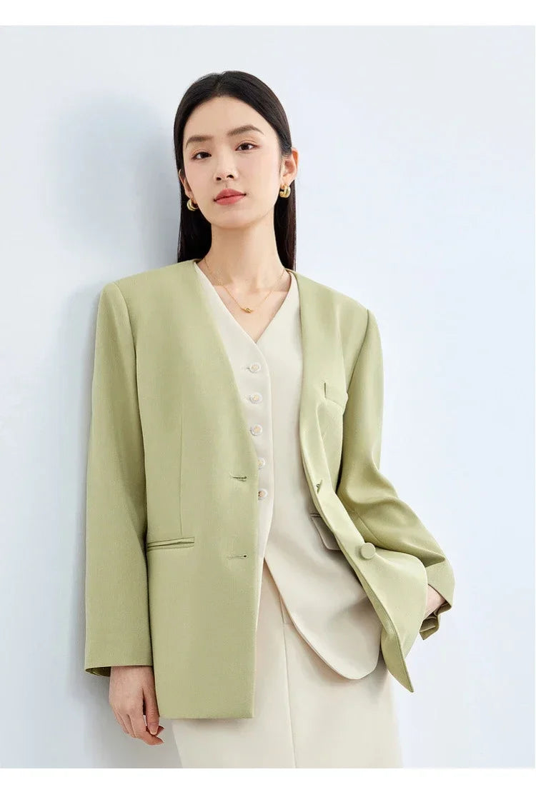 Women Blazer Khaki Green Suit Jacket 2026 Spring V Neck Office Lady Long Sleeve Outerwear Woman Clothes 141X52951