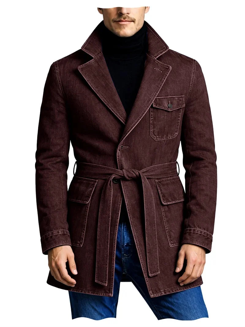 Men's Vintage Mid Length Belted Denim Trench Coat Notched Lapel Casual Workwear Outerwear Stylish Daily Streetwear Jacket