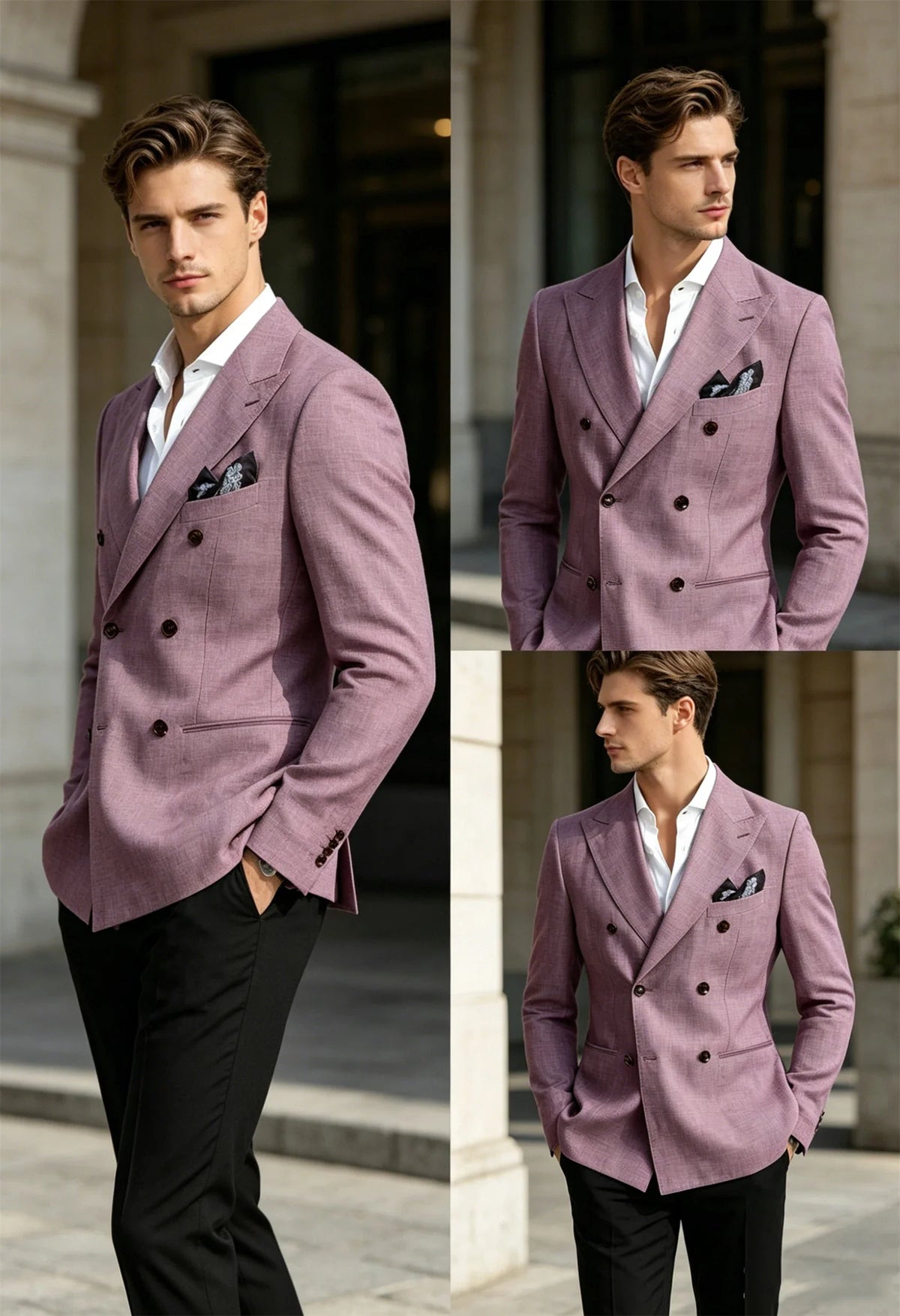 Men’s Linen Blend Suit Blazer Double Breasted Casual Peak Lapel British Style Jacket  Soft Breathable Men Suit For Summer Beach