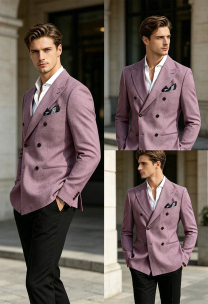 Men’s Linen Blend Suit Blazer Double Breasted Casual Peak Lapel British Style Jacket  Soft Breathable Men Suit For Summer Beach