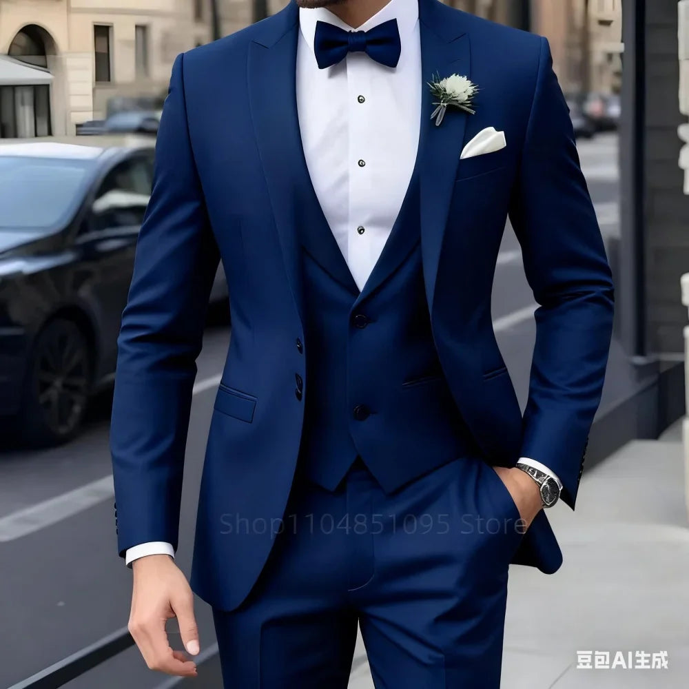 Navy Blue Peak Lapel 3 Piece Men's Tuxedos Fashion Single Breasted Formal Men's Clothes Smart Casual Wedding Party Prom Tuxedos