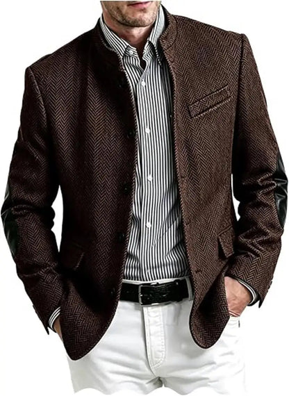 Vintage Men's Mandarin Collar Herringbone Tweed Blazer with Leather Elbow Patch Wool Blend Business Casual Slim Fit Suit Jackets
