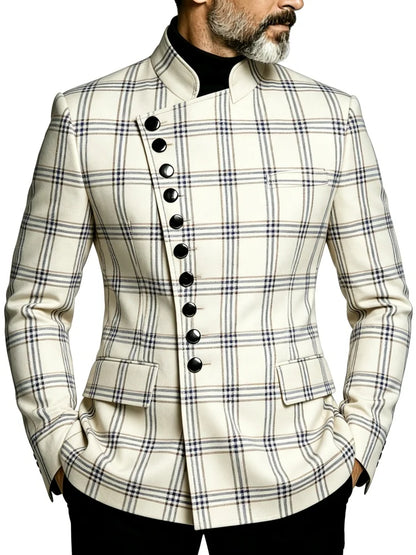 Mens Stand Collar Diagonal Buttons Classic Windowpane Plaid Slim Fit Blazer Men British Retro Office Daily Business Outerwear