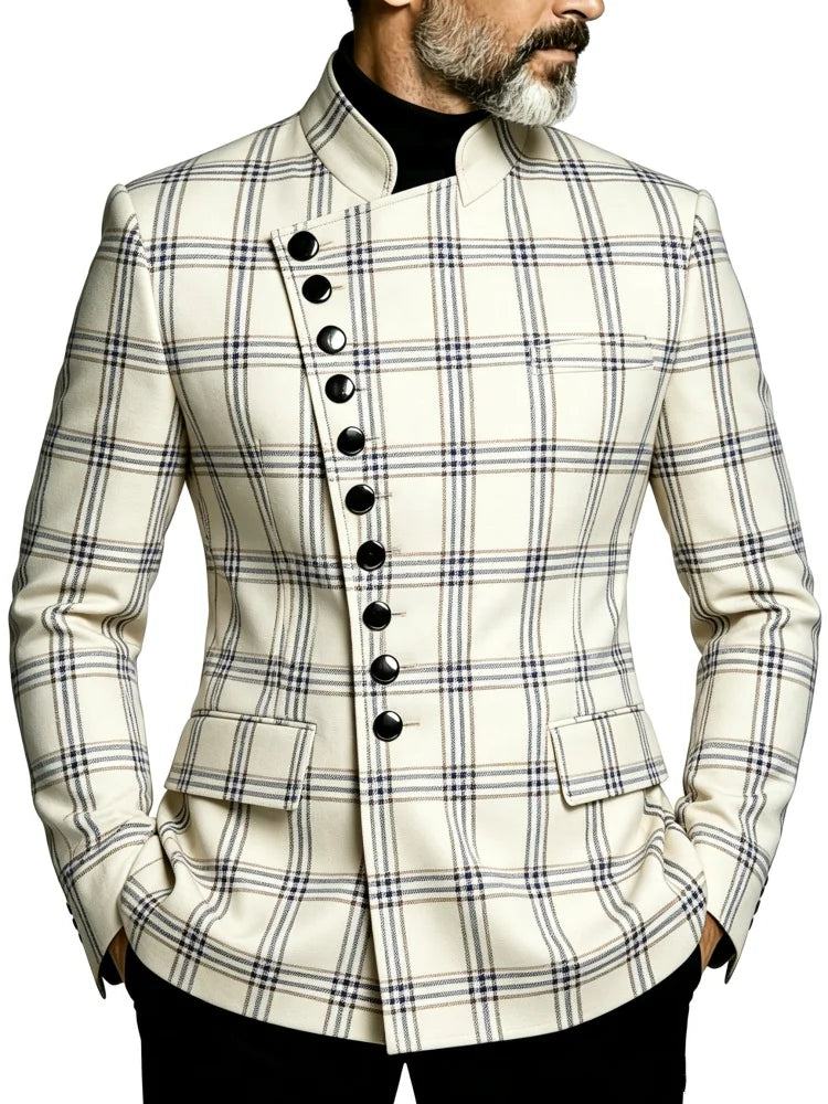Mens Stand Collar Diagonal Buttons Classic Windowpane Plaid Slim Fit Blazer Men British Retro Office Daily Business Outerwear