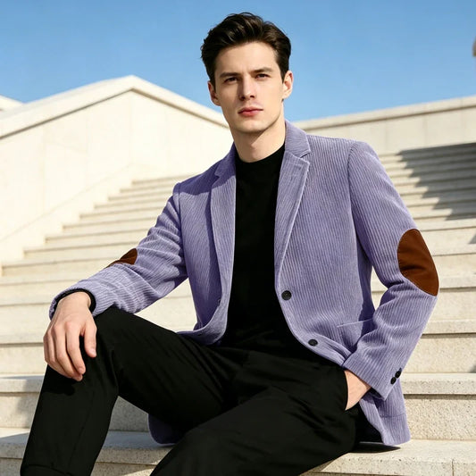 Men's Corduroy Blazer Single Breasted Elbow Patch Casual Suit Jacket for Daily and Business Wear