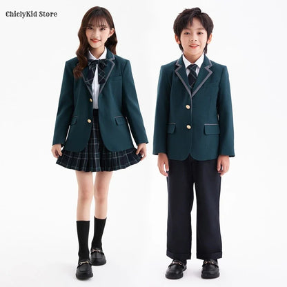 Boys Green Blazers Pants School Uniform Girls Jacket Skirt Shirt Tie Suits Kids Formal Dress Tuxedo Children Student Clothes Set