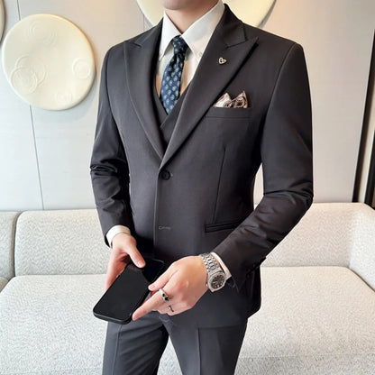 Men's 3 Piece Slim Fit Business Suit Groom Tuxedo With Double Breasted Blazer Vest And Pants For Wedding Party