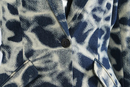 2026 Spring Autumn New Women's Blazer Tie-dye Single Button Pockets Waist Cinching Elegant Coats Retro Denim Jacket HK18495