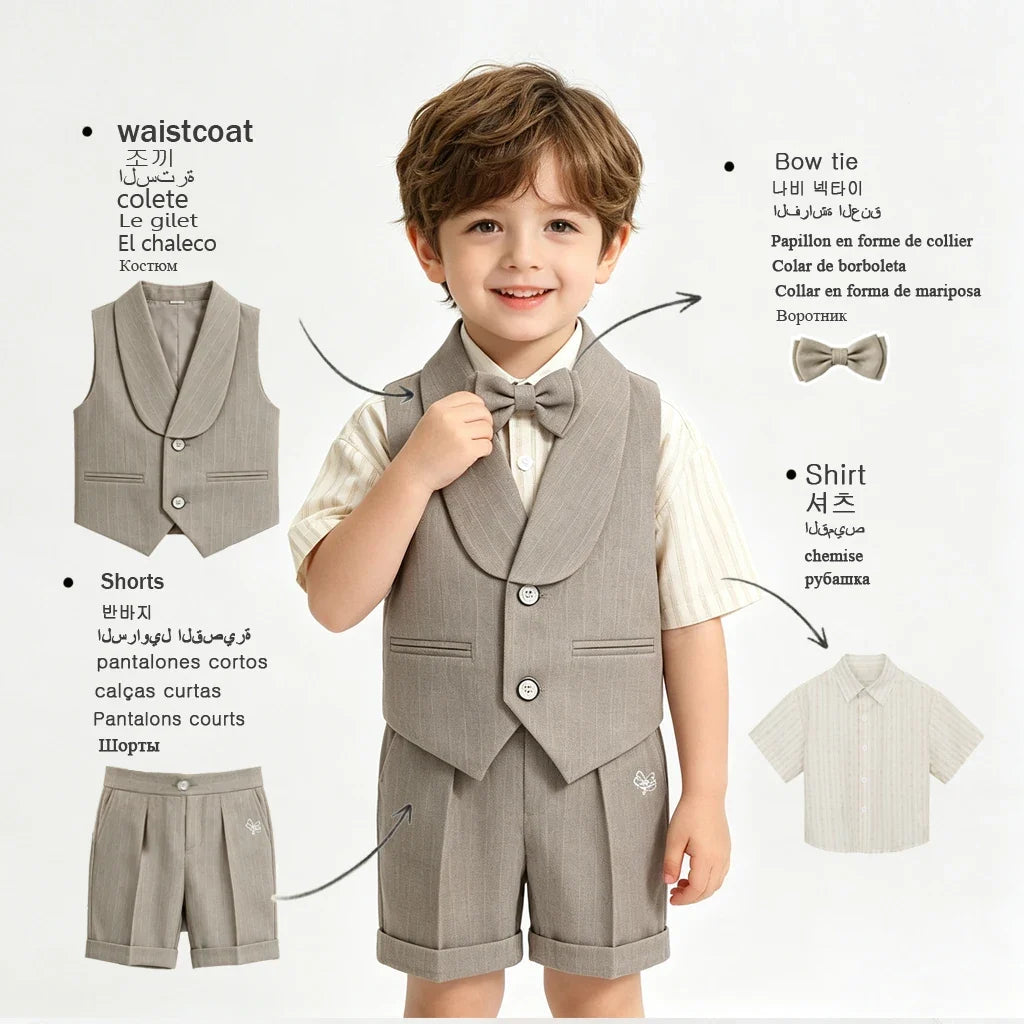 3Pcs Toddler Boy Gray Vest Suit Striped Short Sleeve Shirt Bow Tie Shorts Kids Wedding Baptism Birthday Gentleman Formal Outfit