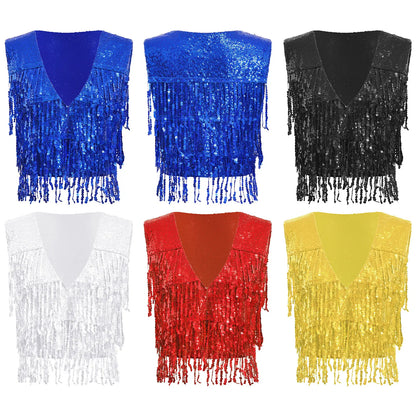 Women's Fringe Vest Clubwear Jazz Modern Dance Waistcoat Glitter Tassel Sleeveless Jacket Sequins Vests Music Festival Costumes