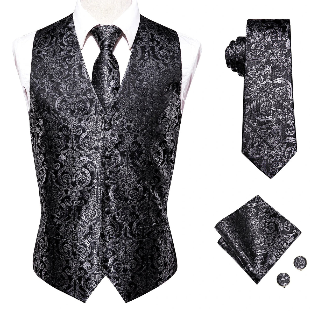 Men's Floral Paisley Vest and Tie Set – Formal Waistcoat with Necktie and Pocket Square for Weddings and Business Events