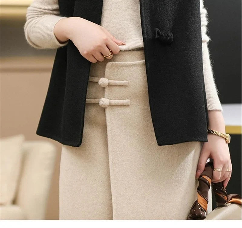Woolen Vest Women's Standing Neck Button Chinese Style Loose Versatile Thin Wool Vest Outerwear Coat Sleeveless Jacket For Women