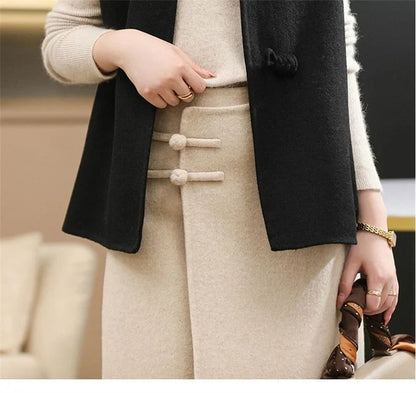 Woolen Vest Women's Standing Neck Button Chinese Style Loose Versatile Thin Wool Vest Outerwear Coat Sleeveless Jacket For Women
