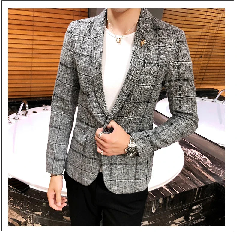 2025 New Men's Casual Plaid Suit Jacket Male Linen Plaid Business Self-cultivation Wedding Dress Party Suit Coat Plus Size S-5XL