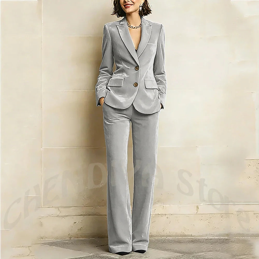 Purple Velvet Women Suit Two Pieces Classic Peaked Lapel Straight Outfit Single Breasted Tailored Elegant Lady Set Jacket Pants