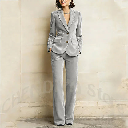 Purple Velvet Women Suit Two Pieces Classic Peaked Lapel Straight Outfit Single Breasted Tailored Elegant Lady Set Jacket Pants