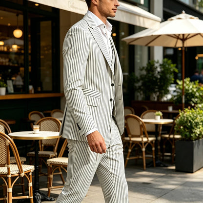 Men's 3-Piece Pinstripe Suit – Slim Fit Notched Lapel Blazer, Vest & Trousers for Wedding & Business