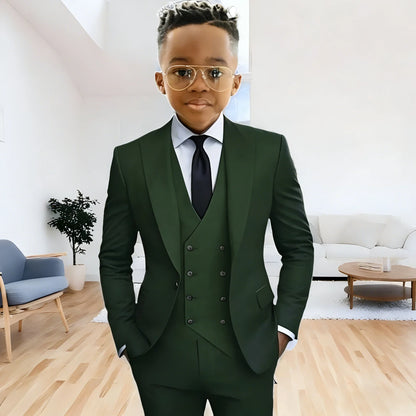 Dark Green boy's suit 3-piece jacket vest pants Peaked lapel slim fit attire for wedding prom dinner party custom kids tuxedo