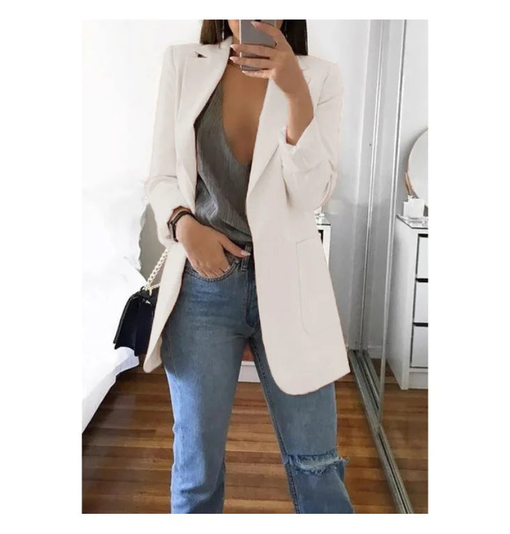 Women's Casual Blazer Notched Lapel Long Sleeve Open Jacket with Pockets Slim Fit Spring Autumn Office Lady Streetwear Coat