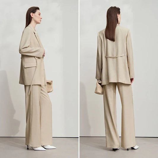 Office Lady Solid Blazers 2025 Autumn New Long Sleeves Loose Coat Notched Business Jacket Belt Women's Clothing 12543025