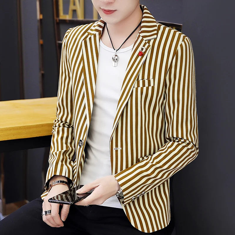 Men's Slim Fit Striped Casual Suit Jacket Korean Fashion Four Seasons New Boutique Handsome Small Suit