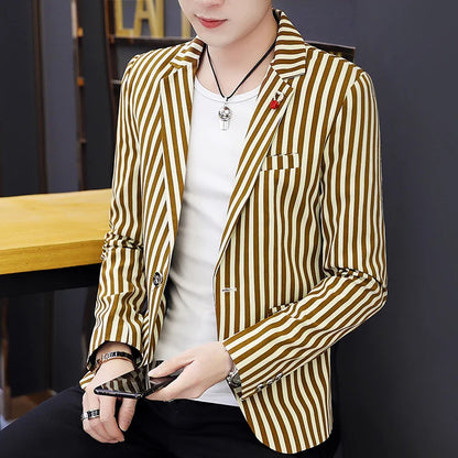 Men's Slim Fit Striped Casual Suit Jacket Korean Fashion Four Seasons New Boutique Handsome Small Suit