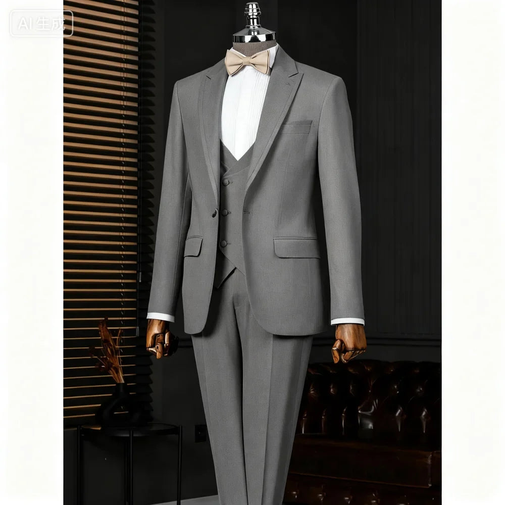 Slim Fit Solid Man 3 Piece Outfit Set Formal Business Suits Elegant Men Wedding Dresses Stage Party Costume Groomsmen Office Set