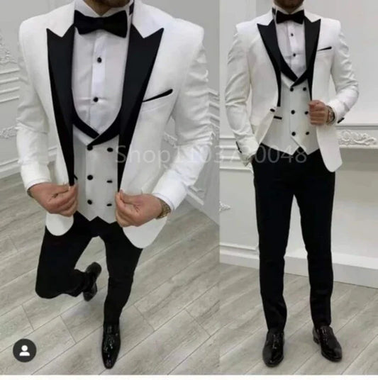 White Men Business Suits Wedding Suit Peak Lapel One Button Blazer Groom Tuxedos 3 Pcs Set Dress Jacket Vest Trousers