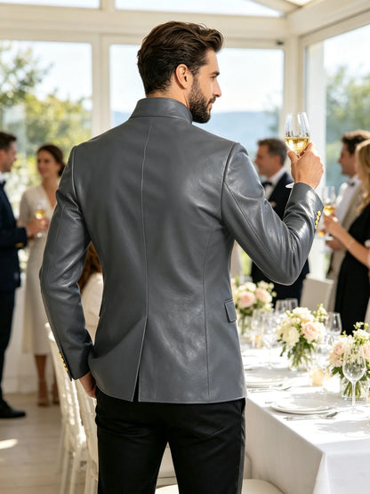 Luxury PU Men's Suit Blazer Single Breasted Stand Collar Slim Fit Leather Jacket Vintage High Quality Business Party Male Tuxedo