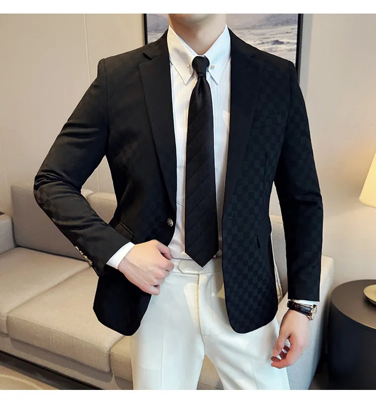 2024 Spring Plaid Blazers Men Single Breasted Casual Business Suit Jacket Fashion Slim Social Banquet Wedding Groom Dress Coats