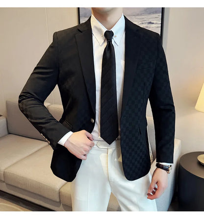 2024 Spring Plaid Blazers Men Single Breasted Casual Business Suit Jacket Fashion Slim Social Banquet Wedding Groom Dress Coats
