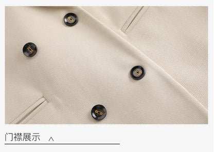 Autumn Winter 2024 New Apricot Coffee Black Elegant Double Breasted Blazer Top And Women High Waist Wide Leg Pant Two Piece Set