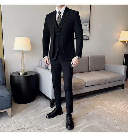 British Style Fake Two-piece Suit Set Men's Wedding Groom Dress 3 Piece Set Suit Vest Trousers Slim Office Business Casual Suits