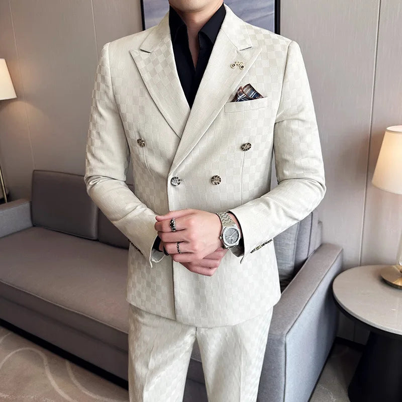(Jacket+Pants)Luxury Checkered Double Breasted Suit  2 Pieces Fashion Business Slim Fit Social   Formal Suit Evening Dress 5XL-M