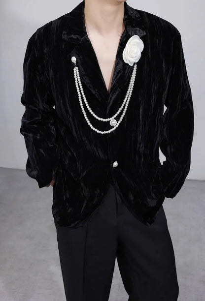 Luxury Elegant Handsome Blazer Coat Men's Original Niche Three-dimensional Pearl Chain Stylish Solid Color Jacket JY4431