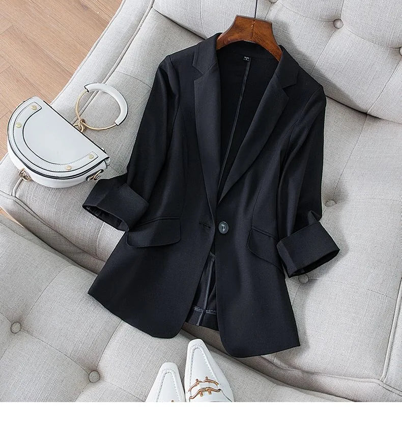 Spring Summer New Style Korean Version Silk Fashion Small Suit Jacket Women Thin Sleeve Seven Button Slim Fit Western Wear