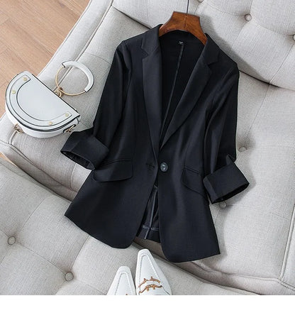 Spring Summer New Style Korean Version Silk Fashion Small Suit Jacket Women Thin Sleeve Seven Button Slim Fit Western Wear